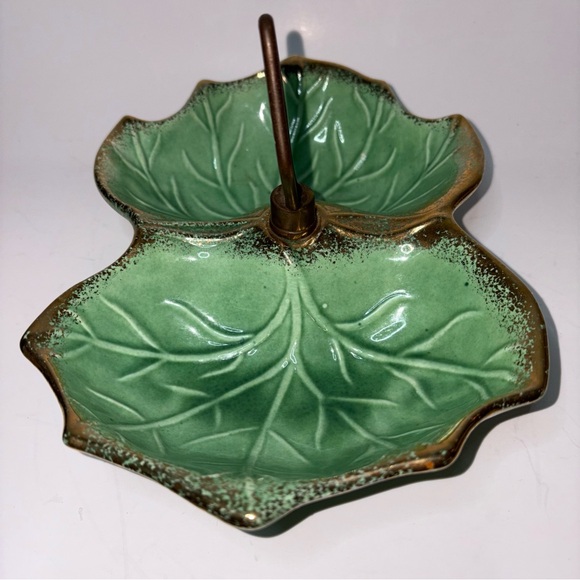 Vintage California Pottery Green Leaf Double Sided Serving Bowl MCM Handle Gold - Picture 5 of 10
